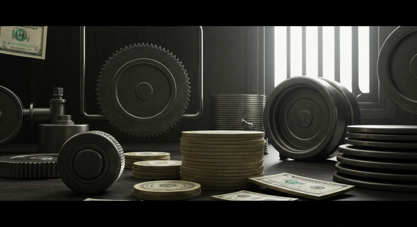 An extreme close-up of gears, levers, and other industrial machinery, representing the intricate financial workings of a major technology company.