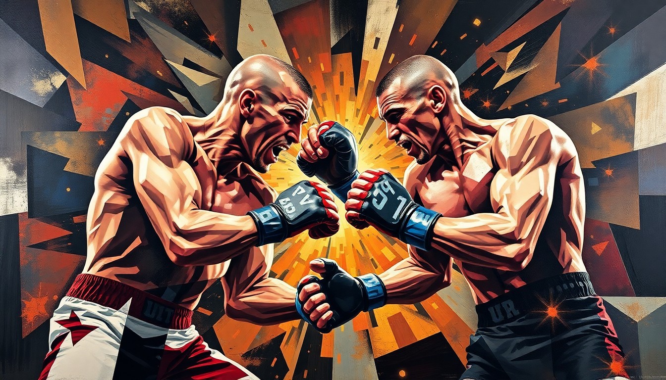A cubist, geometric painting depicting the chaotic movements and intense physicality of an MMA fight, with the fighters' forms fractured and abstracted into sharp, overlapping planes of color.