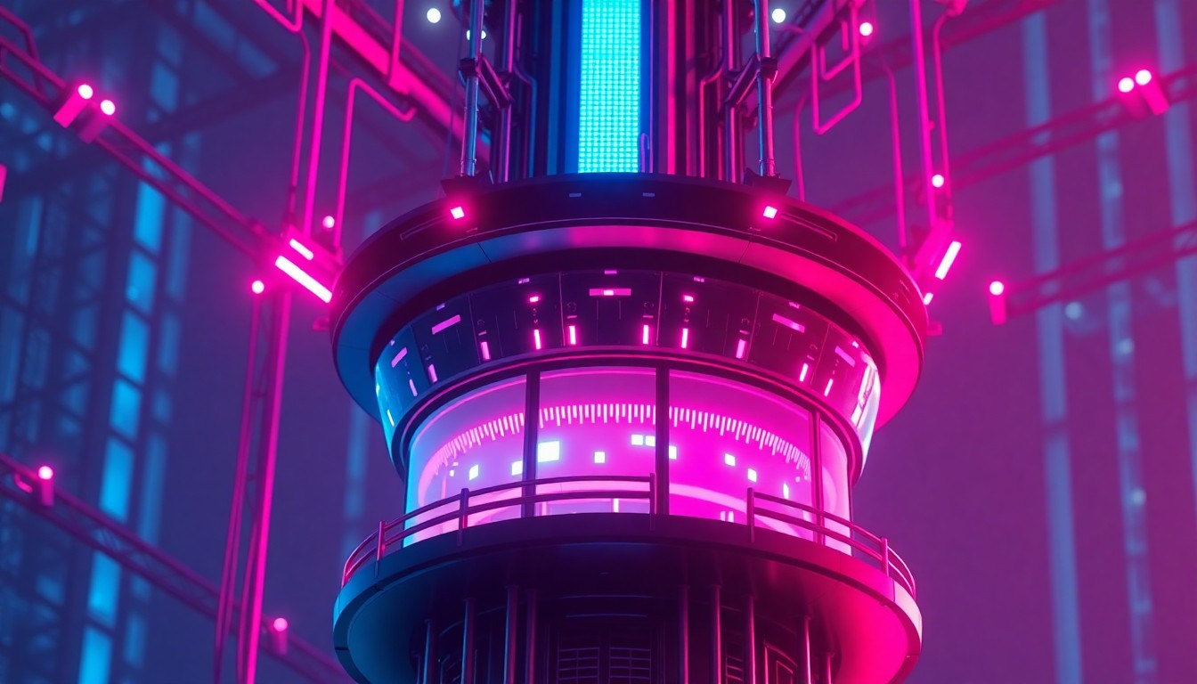 A highly detailed, glowing 3D illustration of a futuristic air traffic control tower, with intricate digital components and infrastructure illuminated by vibrant neon lights, conceptually representing the modernization of air traffic control systems.