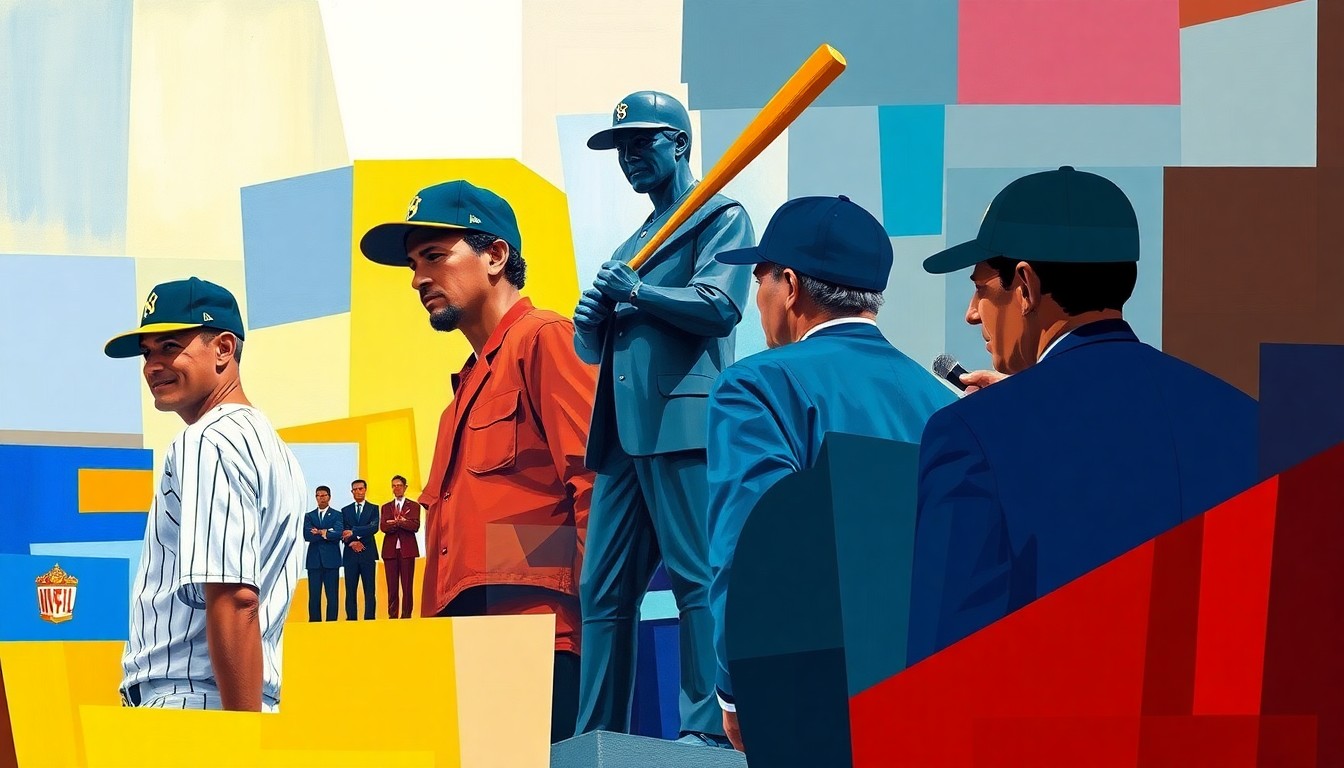 A cubist, geometric painting depicting the Ichiro statue unveiling ceremony, with the key figures and the snapped bat on the statue rendered in overlapping, fragmented planes of color.