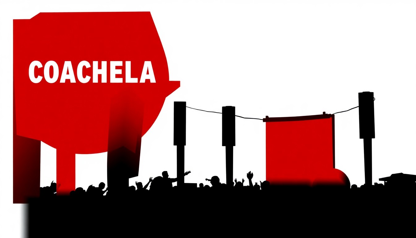 A striking, abstract illustration featuring bold, jagged shapes and silhouettes in high-contrast red and white, capturing the energy and excitement of the Coachella music festival.