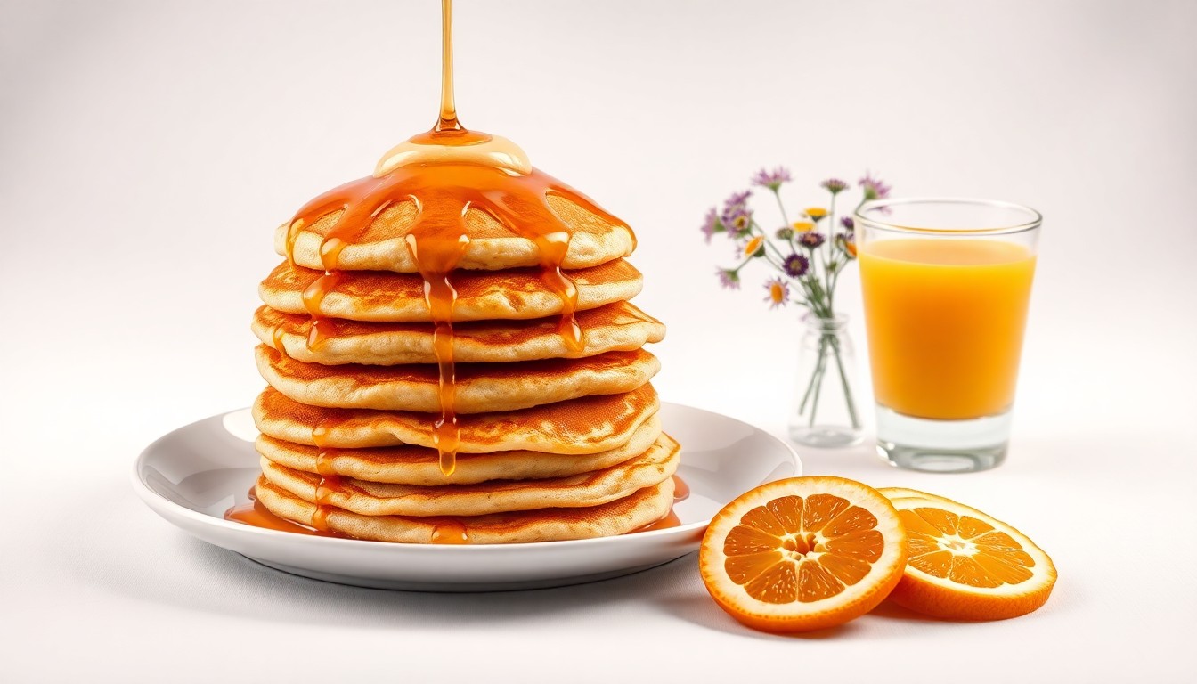 A high-end, photorealistic studio still-life photograph featuring a stack of golden pancakes drizzled with maple syrup, a glass of freshly squeezed orange juice, and a small vase of wildflowers, all arranged elegantly on a clean, white seamless background, conceptually representing the polished, premium experience of Urban Egg's breakfast offerings.