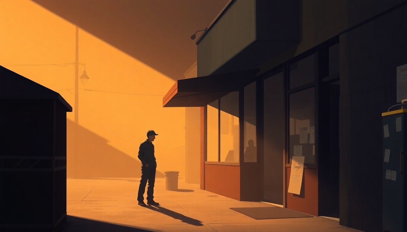 A serene, nostalgic painting depicting a lone worker standing outside a small storefront, the building's facade cast in warm, golden light and deep shadows, capturing the quiet tension of the minimum wage debate.