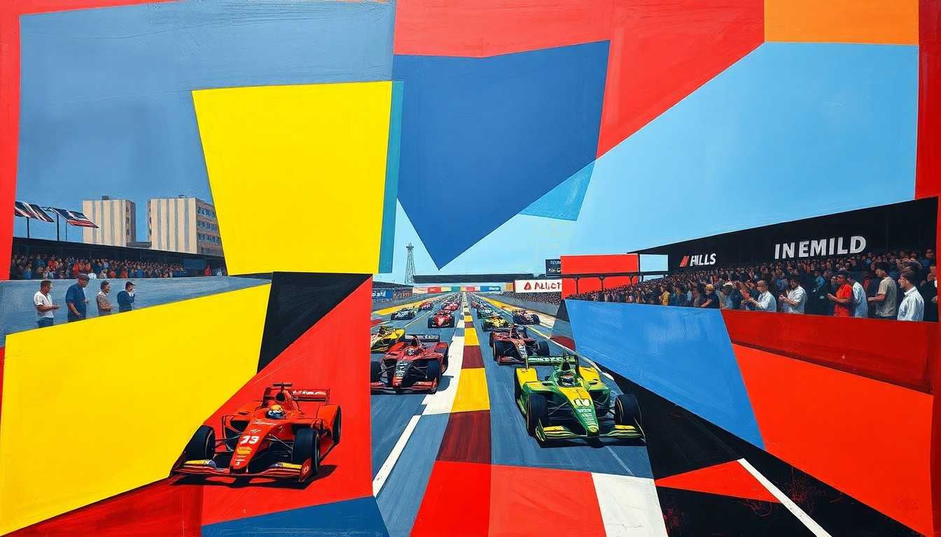 A cubist, geometric painting depicting an ELMS race scene, with sharp, overlapping planes of vibrant red, blue, and yellow colors, conveying the dynamic and diverse nature of the European Le Mans Series.