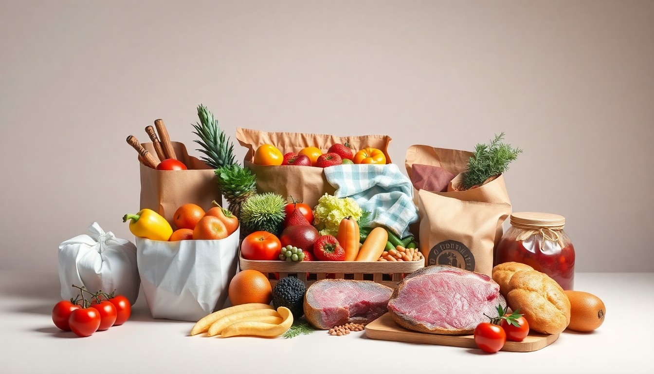 A high-end, photorealistic studio still-life photograph featuring a selection of discounted grocery items, including fresh produce, baked goods, and proteins, arranged elegantly on a clean, monochromatic background with dramatic lighting and shadows, conceptually representing the affordable and sustainable grocery shopping experience offered by the Flashfood app.