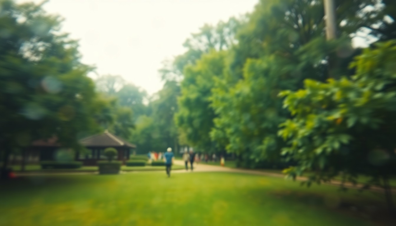 An extremely abstracted, out-of-focus photograph in warm, soft colors depicting a lush, verdant park scene with people walking and enjoying the green spaces, creating a dreamlike, atmospheric quality.