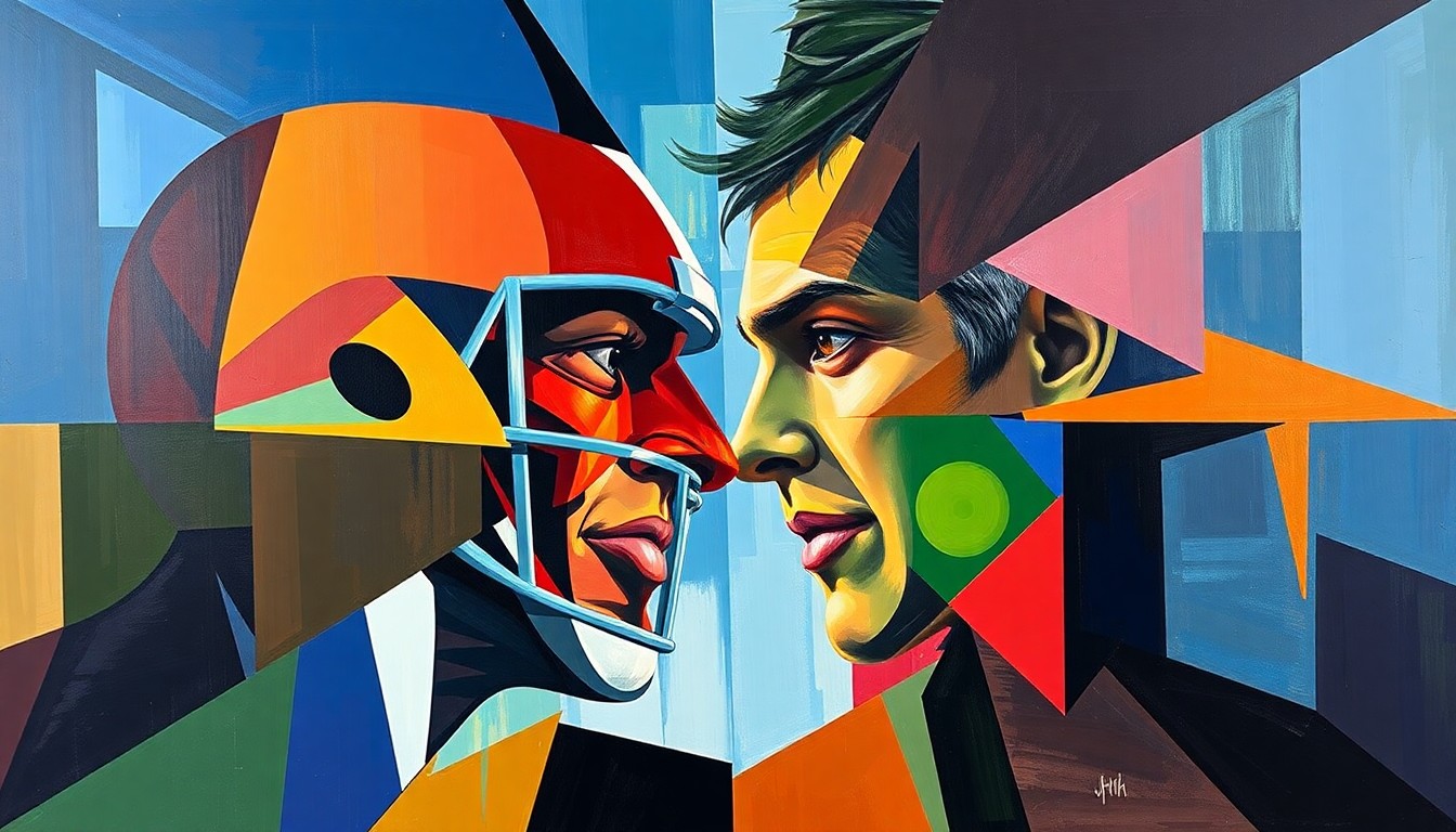 A fragmented, geometric painting in bold colors depicting a college football player in motion, symbolizing the uncertainty and emotional turmoil surrounding his decision to stay or leave his team.