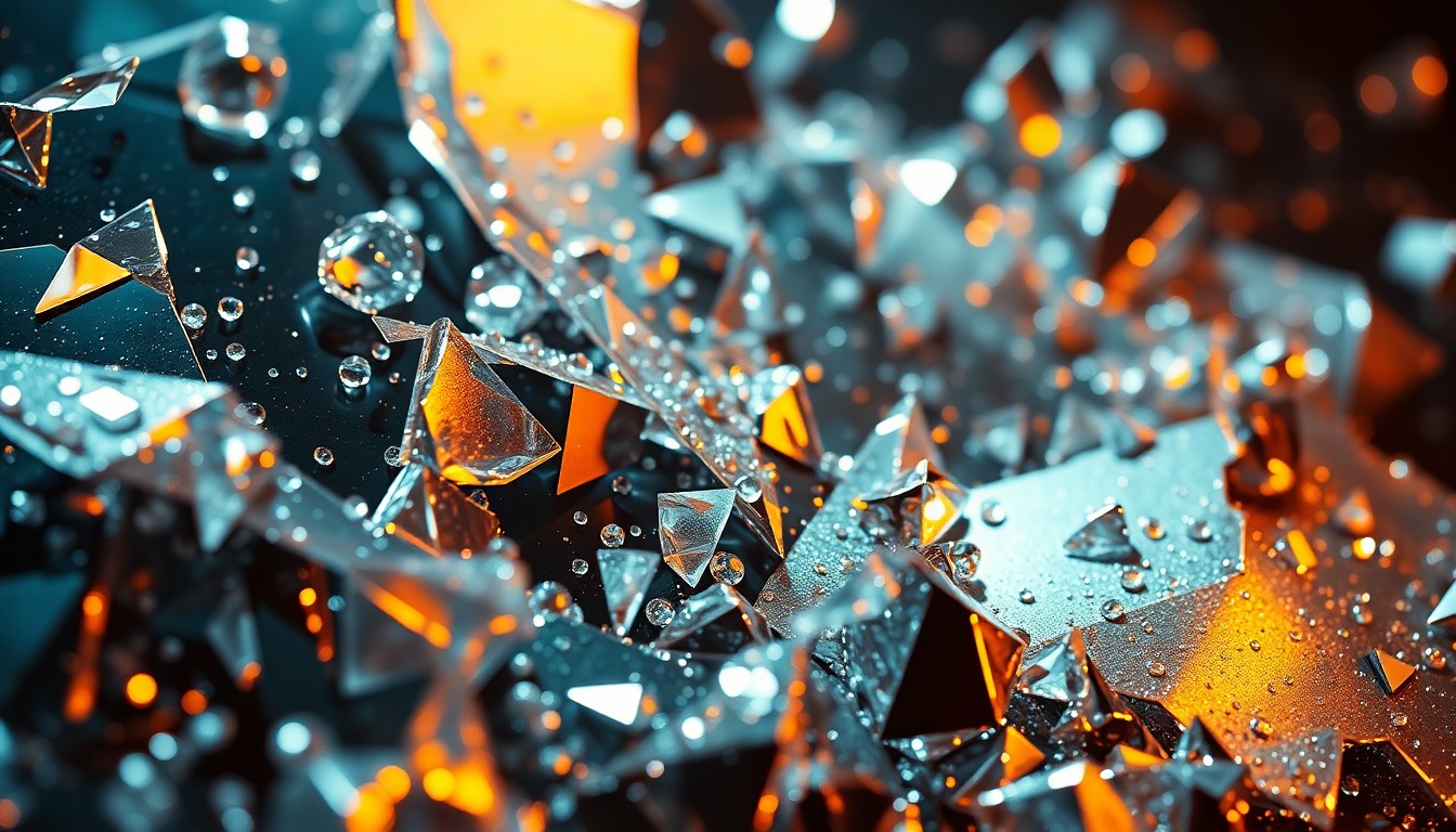 An extreme close-up of shimmering, fractured glass and metallic surfaces in dramatic, high-contrast lighting, conceptually conveying the alluring yet unsettling tone of the upcoming crime thriller film.