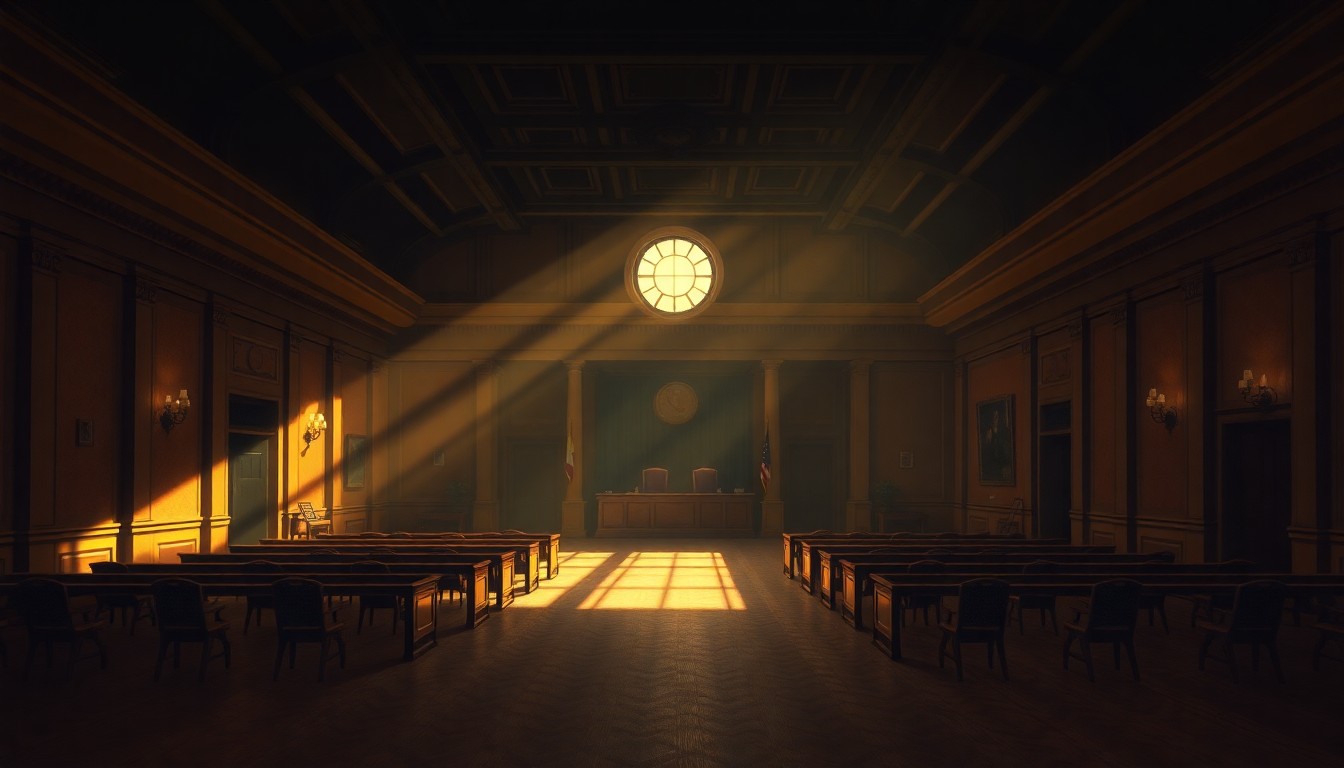 A dimly lit, cinematic painting of an empty city council chamber, with warm sunlight streaming in through the windows and deep shadows casting a somber mood, conceptually representing the political turmoil surrounding the corruption allegations.
