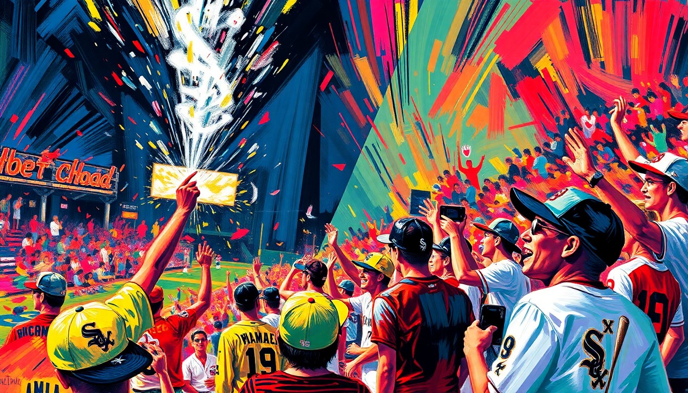 An abstract, expressionist painting in vibrant neon colors depicts the excitement and energy of baseball fans at a White Sox game, with no identifiable figures or logos, only the raw emotion of the crowd.