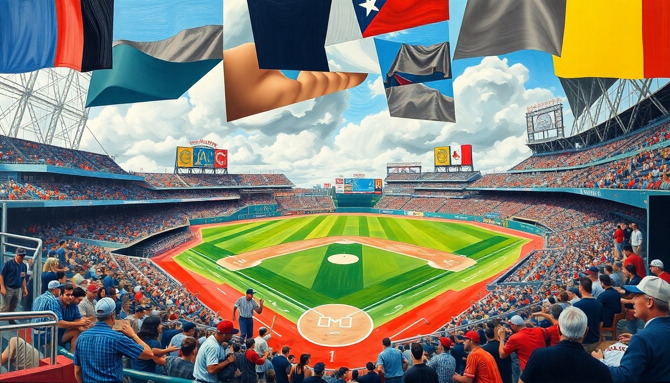 A cubist-style painting depicting a baseball game between the Puerto Rican national team and the Boston Red Sox, with the players and field broken down into sharp, geometric shapes and planes of color, capturing the dynamic energy and complexity of the event.