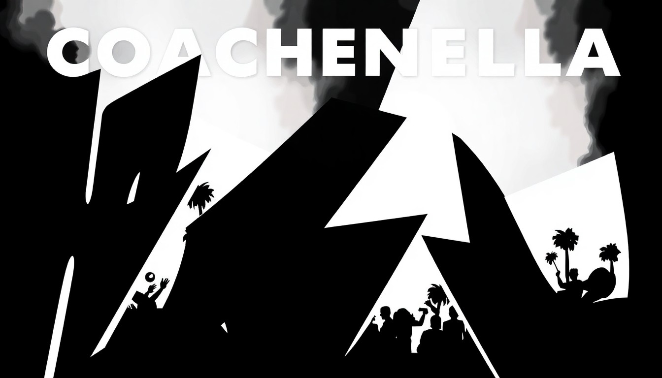 An abstract, minimalist composition of sharp, angular black shapes against a stark white background, capturing the vibrant, high-energy spirit of the Coachella music festival.