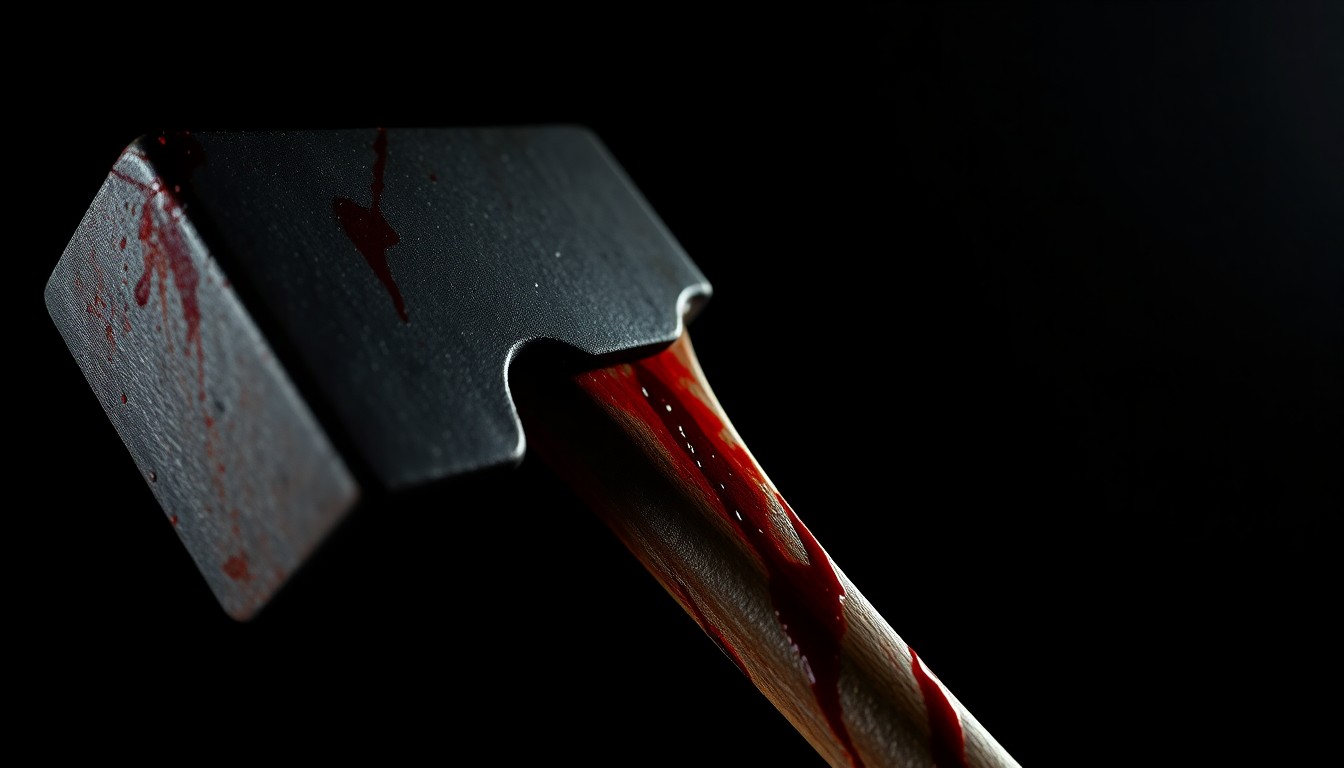An extreme close-up of a blood-stained hammer, conceptually illustrating the weapon used in a violent crime.