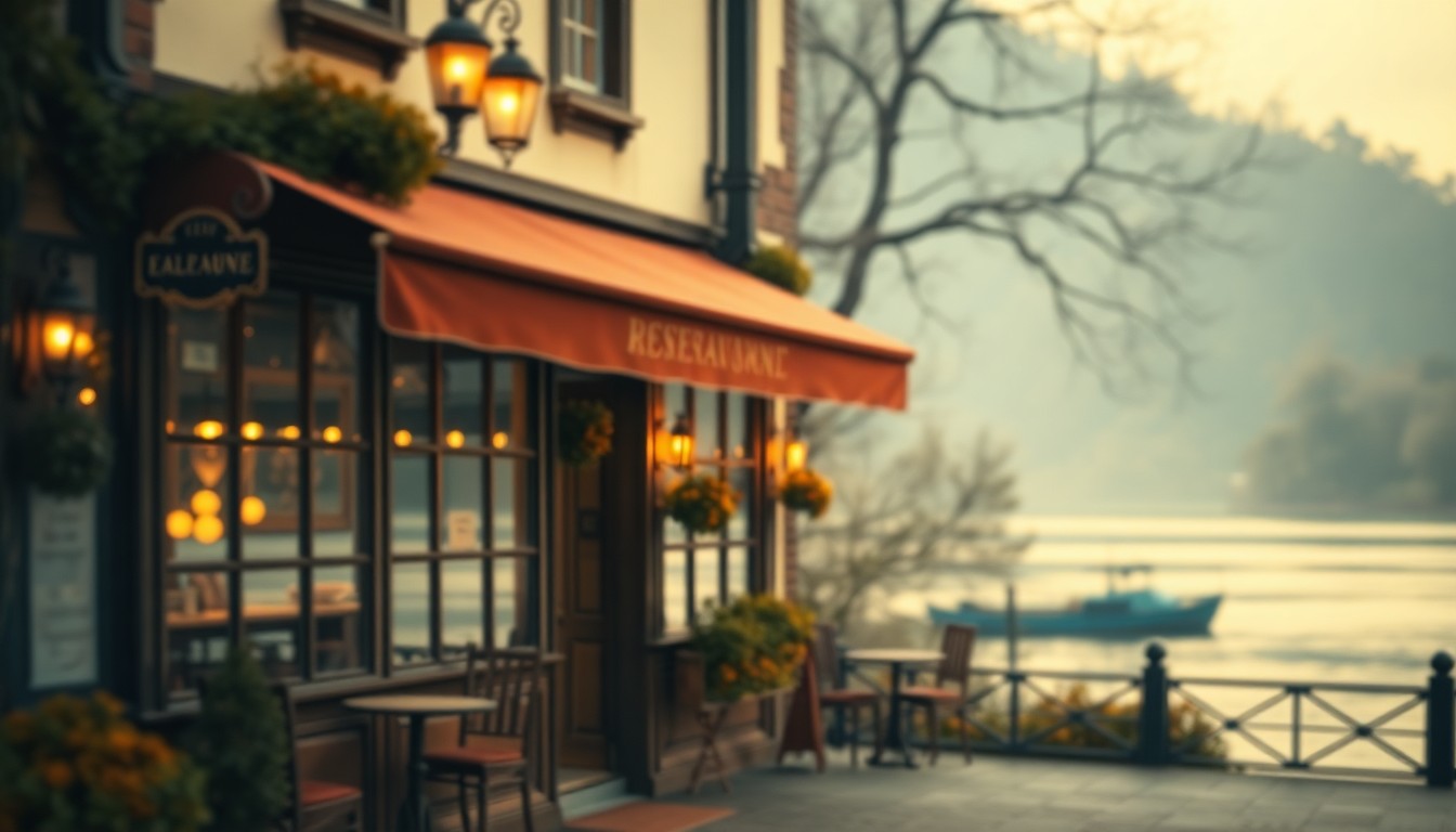 An extremely abstracted, out-of-focus photograph depicting the hazy, warm exterior of an old-fashioned restaurant overlooking a body of water, conveying a sense of nostalgia and the passing of time.