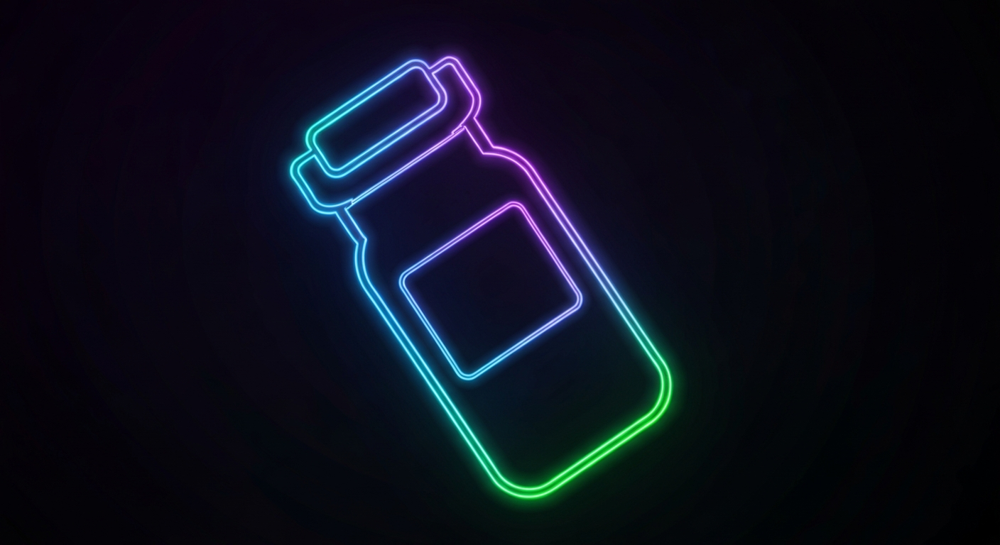 A glowing neon outline of a medicine bottle or pill capsule, floating against a dark background and defined by vibrant, pulsing lines in shades of blue, green, and purple, conceptually representing the energy and urgency around the issue of prescription drug affordability.