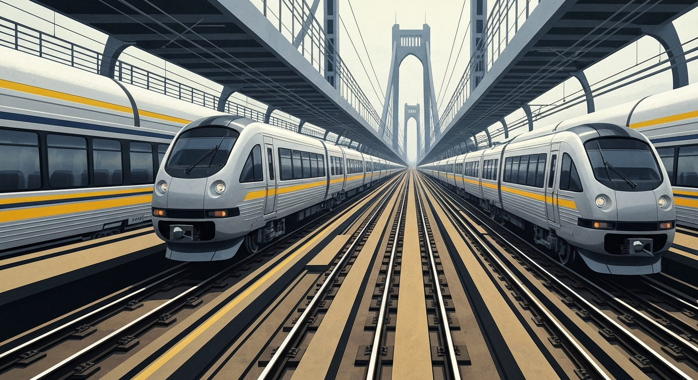 A bold, geometric illustration in the Art Deco style, depicting the grand scale and sweeping perspectives of a modern rail network, with sleek, streamlined forms of train cars and railway infrastructure against a backdrop of towering bridges and forced perspectives, conveying a sense of futuristic ambition and progress.