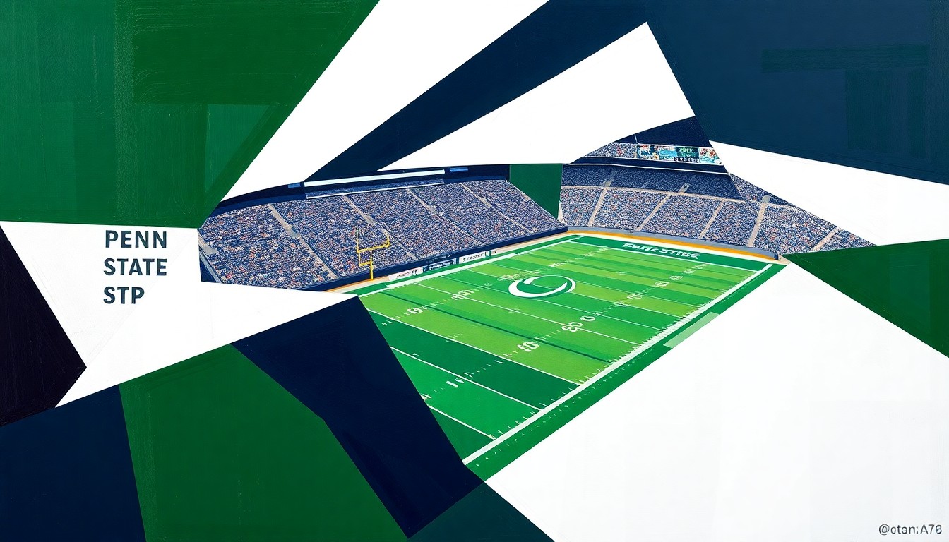 A fragmented, geometric painting depicting a Penn State football game, with sharp planes of green, white, and navy blue representing the players and field.
