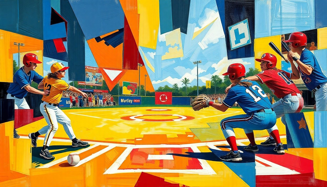 A fractured, cubist-style painting depicting the action and energy of a high school softball game, with the players' uniforms and the field itself broken down into sharp, overlapping geometric shapes and planes of vibrant colors.