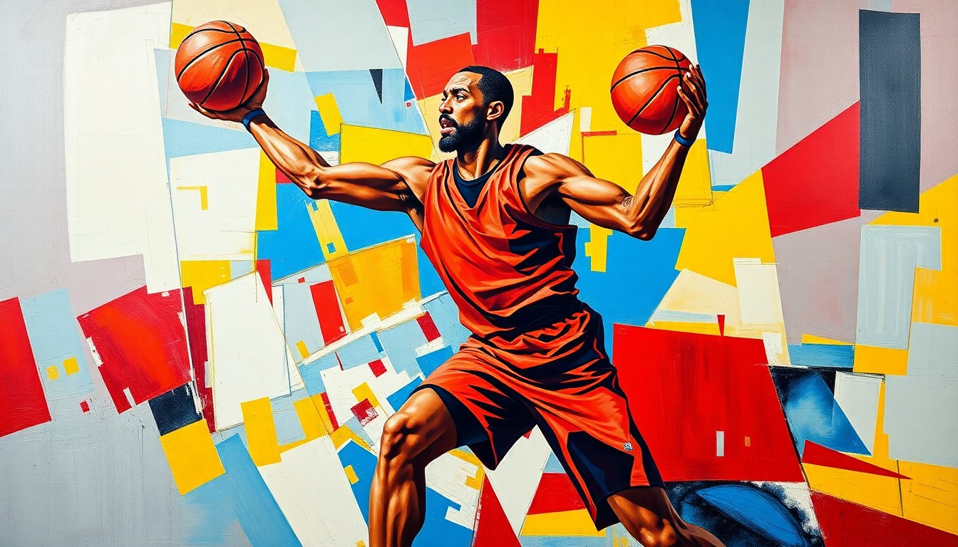 A fragmented, geometric painting depicting a basketball player in motion, with sharp planes of color representing their athleticism and two-way abilities.