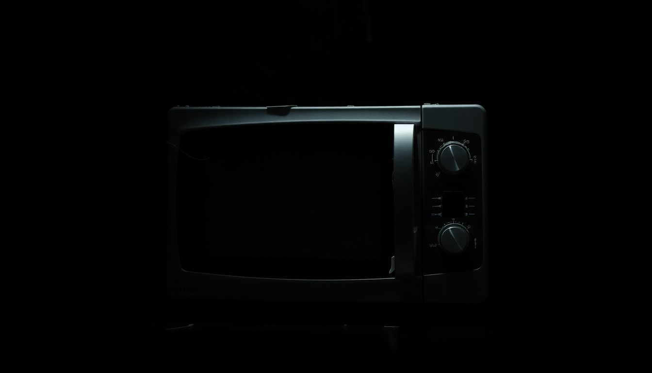 An extreme close-up photograph of a shattered household appliance, such as a microwave or mini fridge, against a stark black background, conceptually representing the violent attack on an elderly victim.