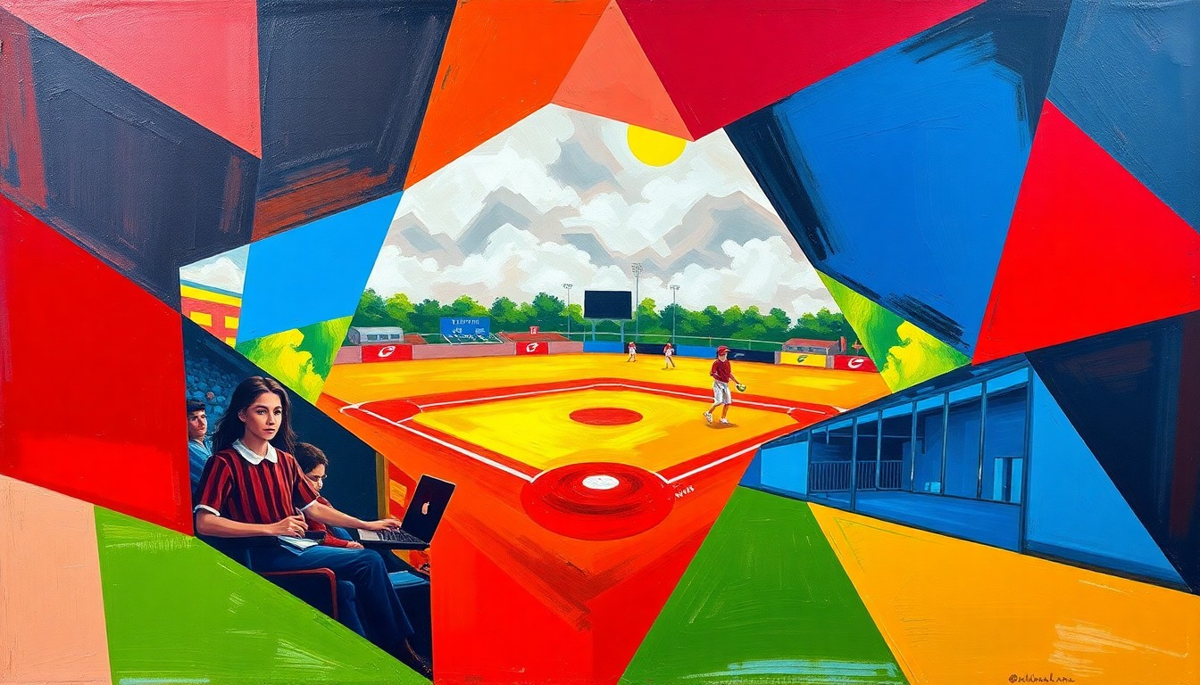 A fragmented, geometric painting depicting a high school softball game, with sharp planes of color and overlapping perspectives capturing the dynamic energy of the competition.