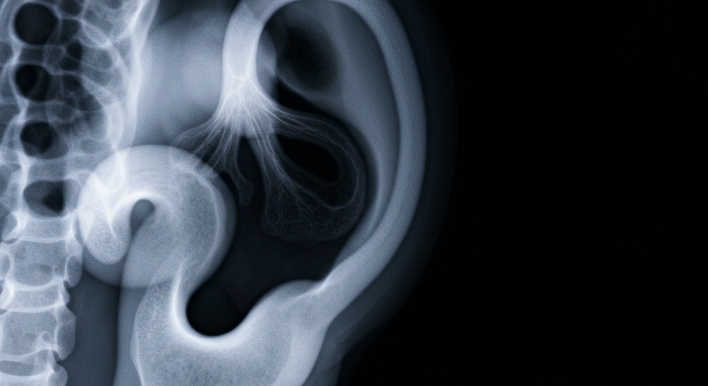 An extreme close-up X-ray photograph revealing the delicate inner structures of a human ear canal, conceptually illustrating the sensitivity of medical data captured by AI health technologies.
