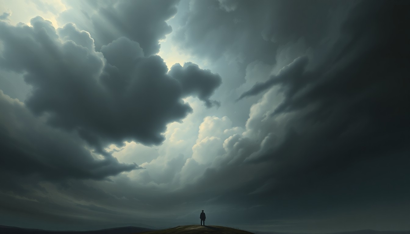 A vast, atmospheric landscape painting in muted tones of gray, blue, and green, with a small, shadowy figure barely visible in the foreground, dwarfed by the dramatic, swirling clouds and ominous sky above.