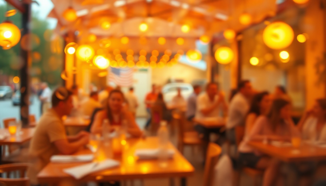 An abstract, out-of-focus photograph depicting an outdoor dining scene, with soft, warm colors and blurred shapes representing people, tables, and other elements of a lively patio setting.