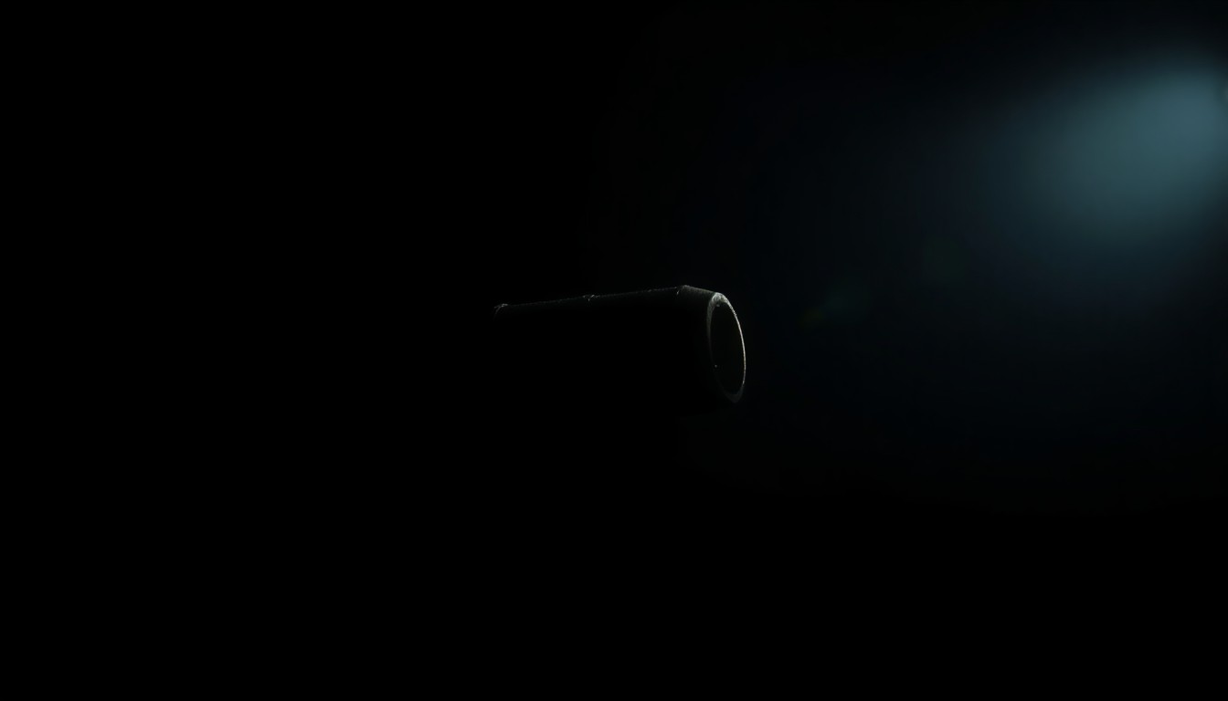 An extreme close-up photograph of a small, metallic object, such as a spent shell casing, lit by a harsh camera flash against a dark background, creating a stark, gritty, investigative aesthetic.