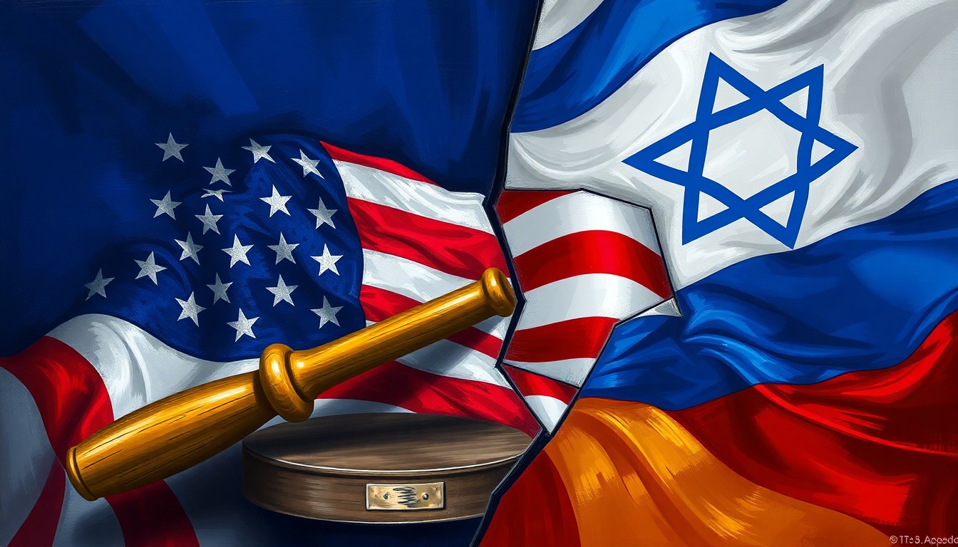 A dynamic, abstract painting featuring overlapping geometric shapes and waves of blue, red, and gold, conveying the fractured and contentious nature of the debate within the Democratic Party over Israel and foreign policy.