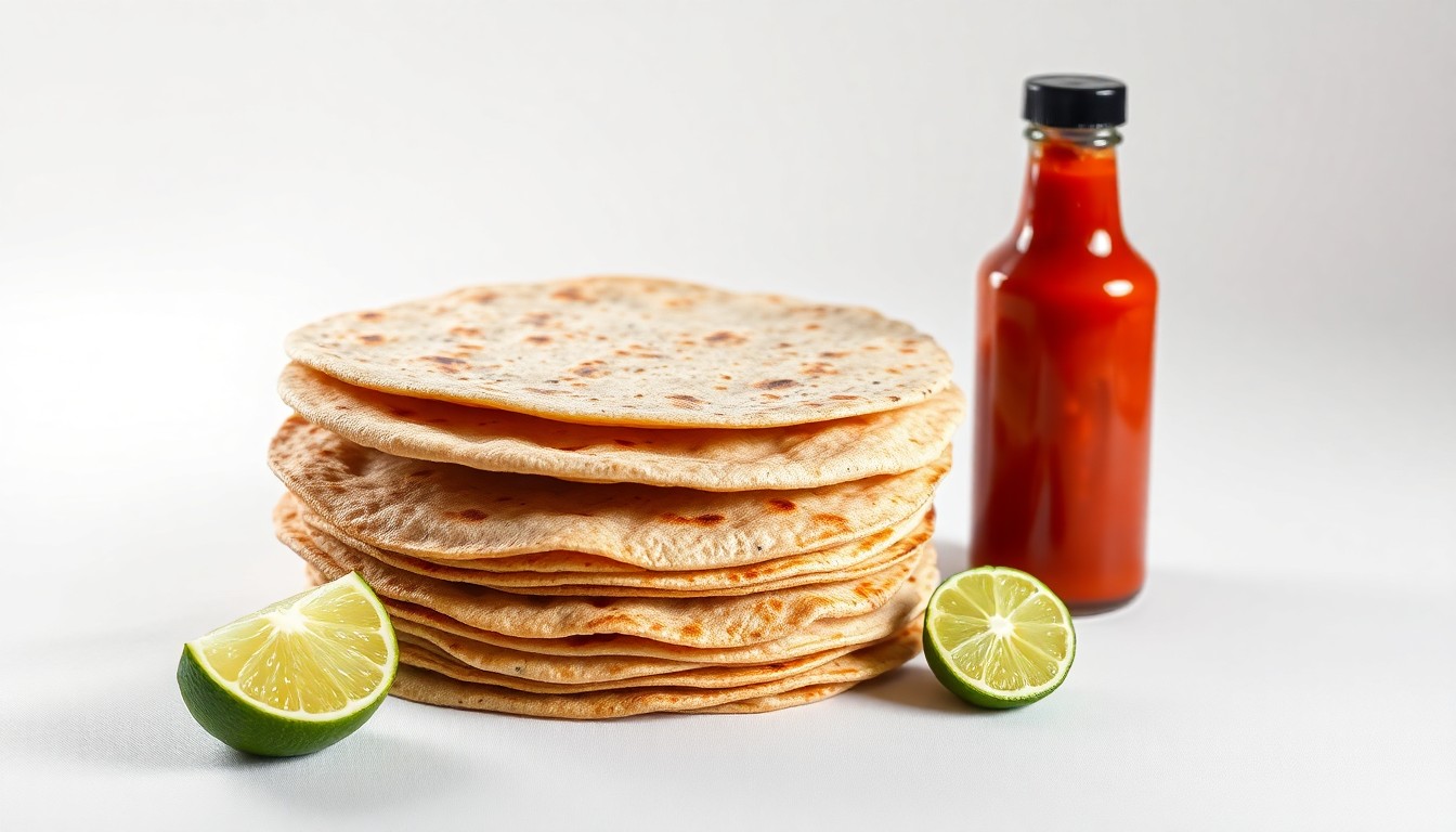 A high-end, photorealistic studio still-life photograph featuring a stack of freshly pressed tortillas, a lime wedge, and a bottle of hot sauce arranged elegantly on a clean, white seamless background, conceptually representing the tensions between a taco chain's community roots and its corporate leadership.