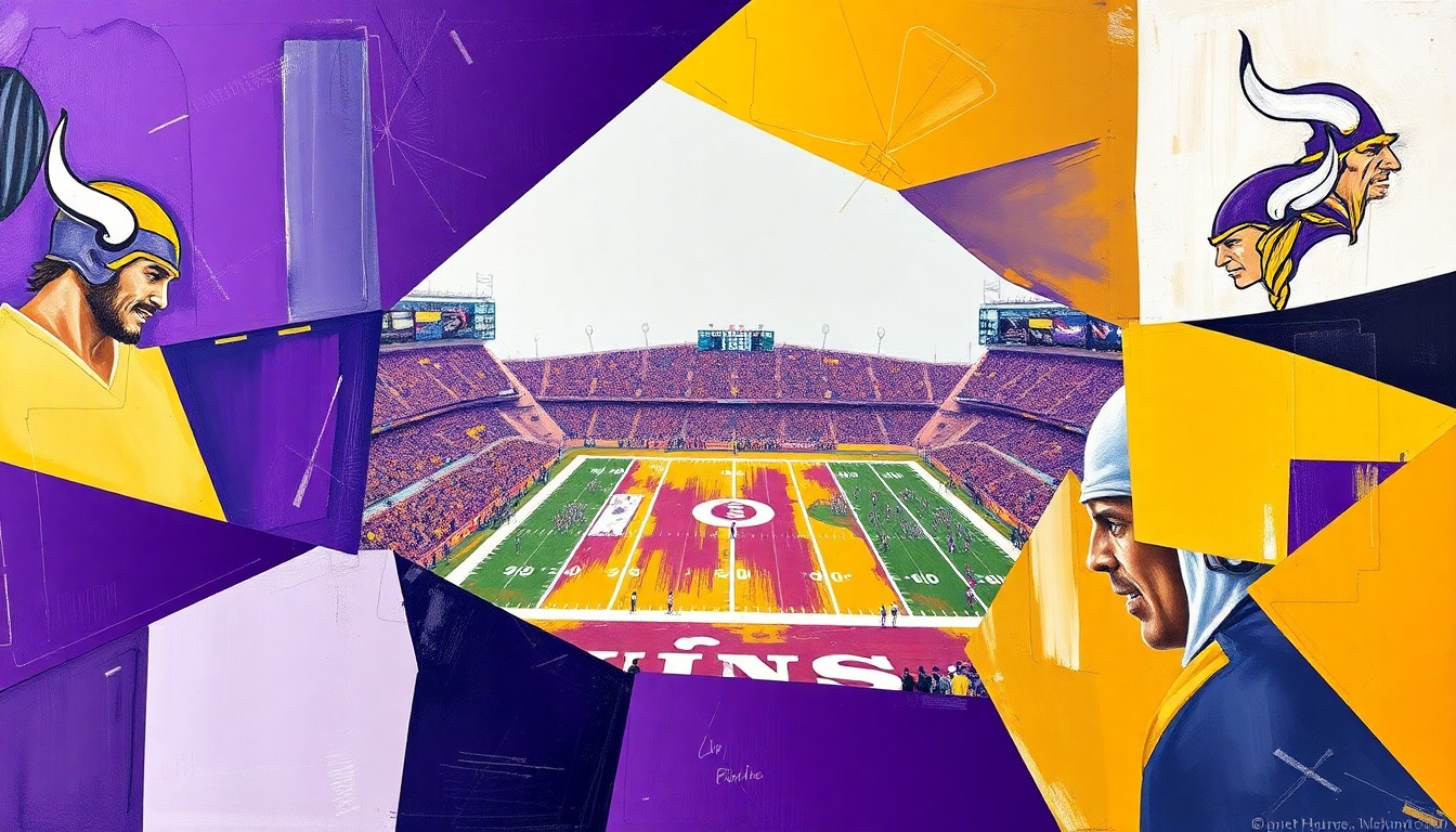 A cubist, geometric painting depicting a fragmented football game, with sharp, overlapping planes of purple, gold, and white representing the Vikings' draft strategy.