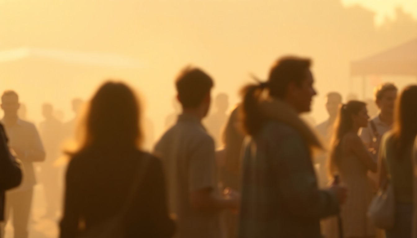 An extremely abstracted, out-of-focus photograph in soft pools of warm color and light, depicting the blurred silhouettes of people and objects at a community gathering.