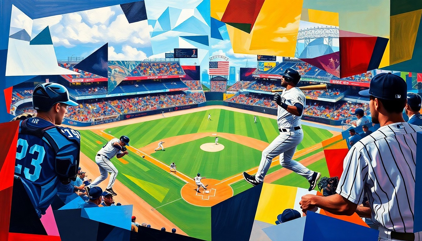 A fractured, multi-perspective painting in a cubist style, breaking down a baseball game between the Tampa Bay Rays and New York Yankees into sharp, overlapping geometric planes of vibrant colors representing the players' uniforms and movements.