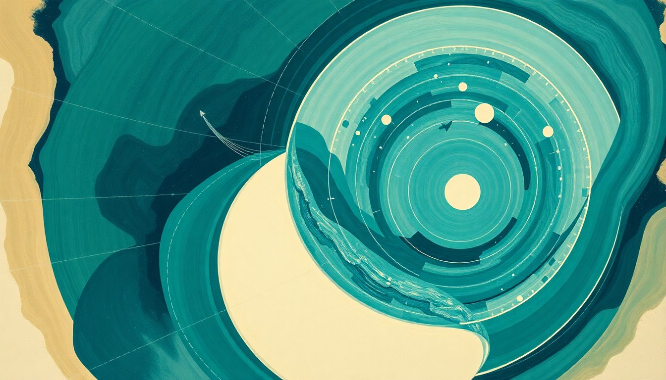 An abstract painting in muted earth tones depicting overlapping geometric shapes and waveforms, representing the complex interplay between coastal engineering, water turbidity, and the migration patterns of marine life.