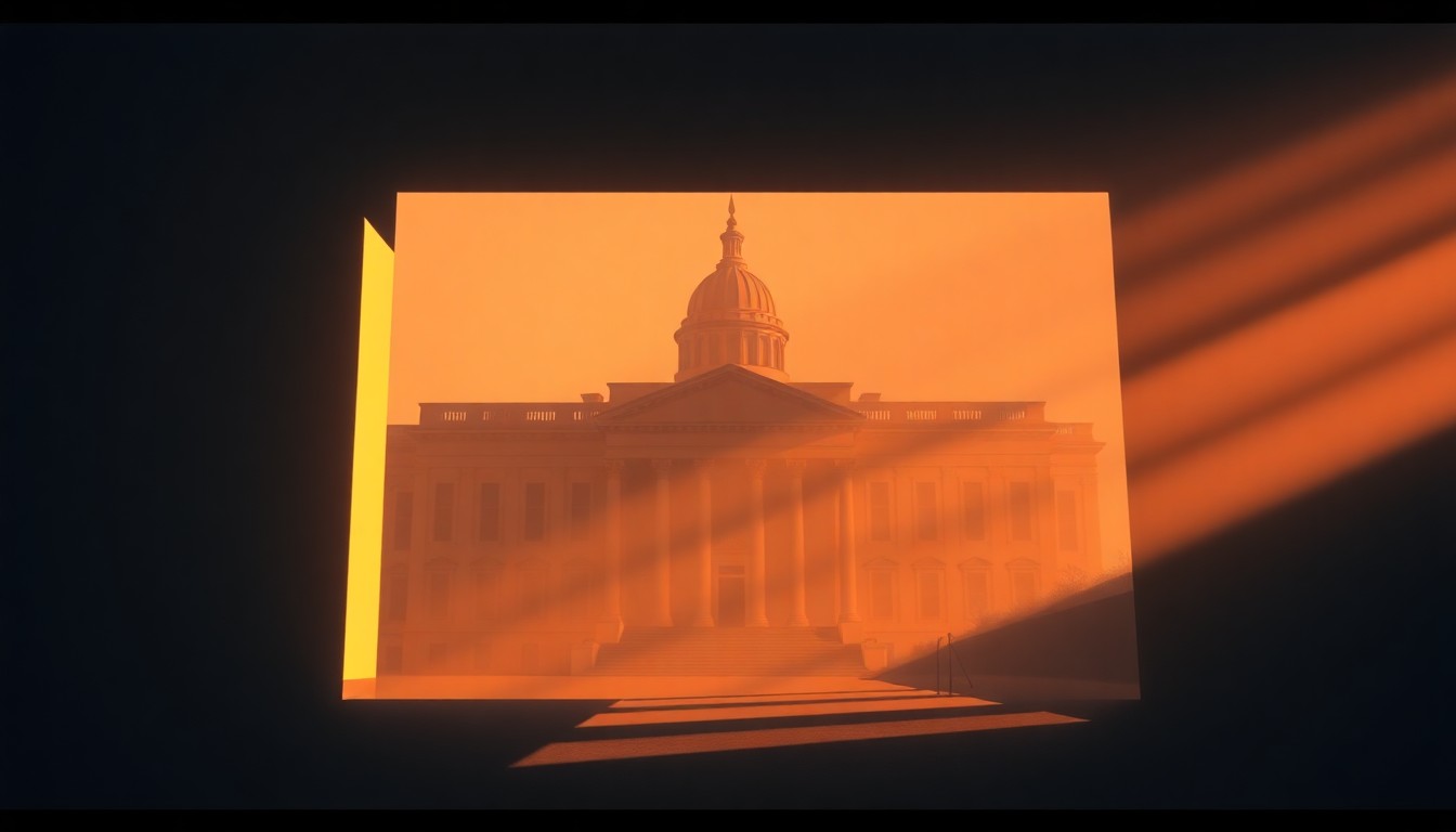 A serene, cinematic painting of a government office building in Washington, D.C. bathed in warm, golden light, conveying a sense of quiet contemplation and the weight of civic responsibility.