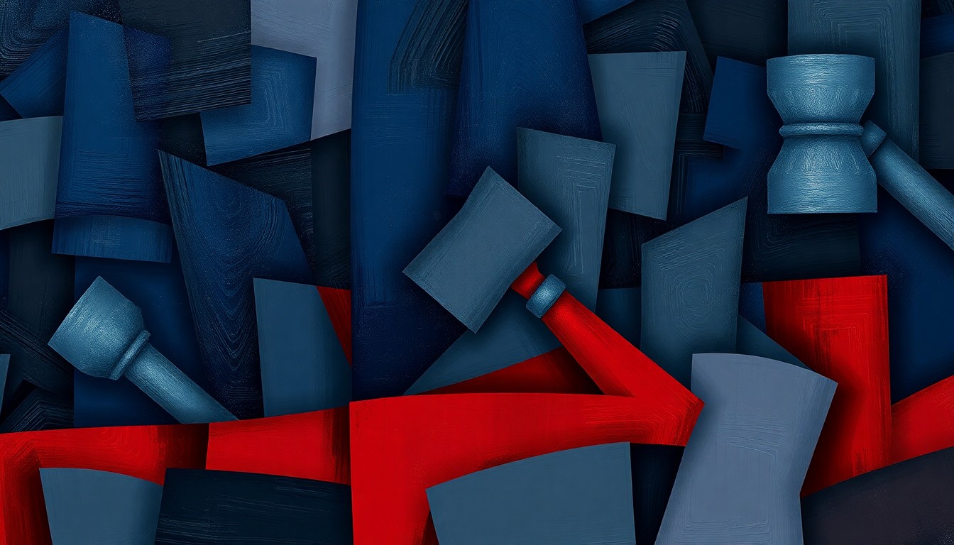 A fractured, abstract painting of a political symbol like a gavel or ballot box, repeated in overlapping geometric waves of dark blue, red, and grey colors, conceptually representing the chaotic and divisive nature of the upcoming Pennsylvania elections.