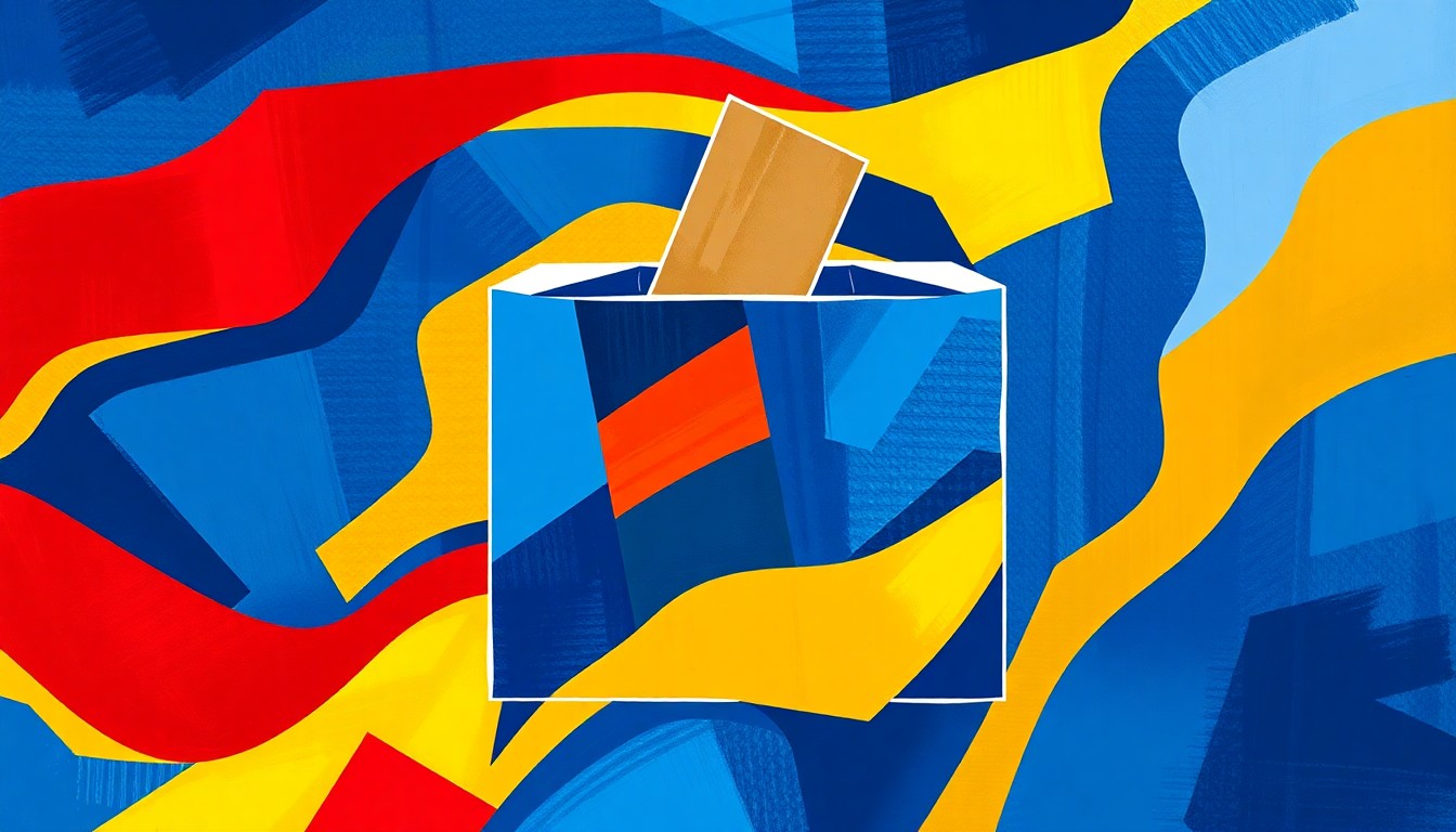 A vibrant, abstract painting featuring overlapping geometric shapes and brushstrokes in bold, contrasting colors, conceptually representing the energy and momentum of a political movement.