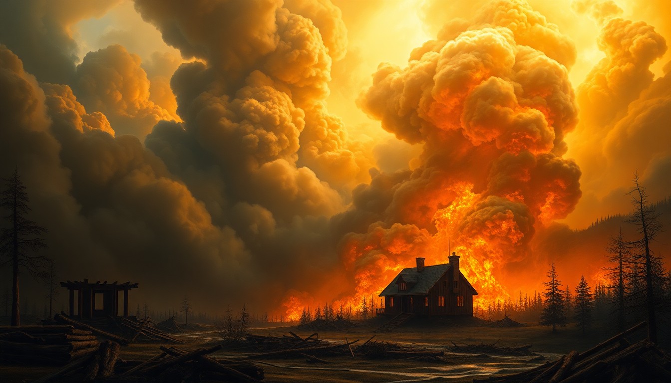 A sweeping, atmospheric landscape painting depicting the charred remains of a home engulfed in a massive, swirling vortex of smoke and flames, conveying the overwhelming power of the natural disaster.