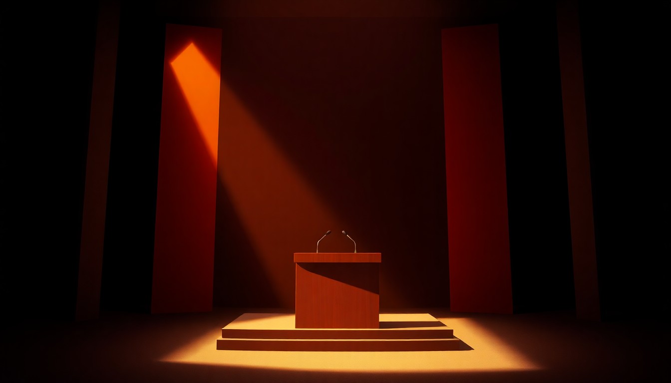 A solitary, empty podium in a dimly lit room, with warm sunlight streaming in through a window and casting deep shadows, conceptually representing the lack of clear political leadership on foreign policy issues.