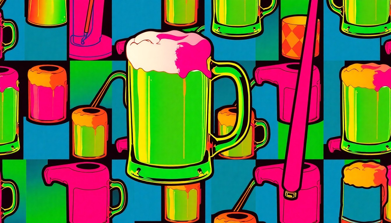 A high-contrast silkscreen print in neon pink, electric blue, and highlighter yellow, featuring a repeated image of a classic sports bar beer mug against a bold black outline, conceptually representing the lively energy of a new neighborhood sports bar.
