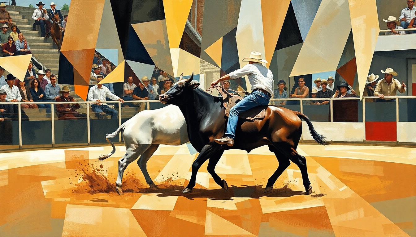 A fractured, geometric painting depicting the dynamic movements and physical exertion of a steer wrestling competition, with the forms of the steer and wrestler broken down into sharp, overlapping planes of color.
