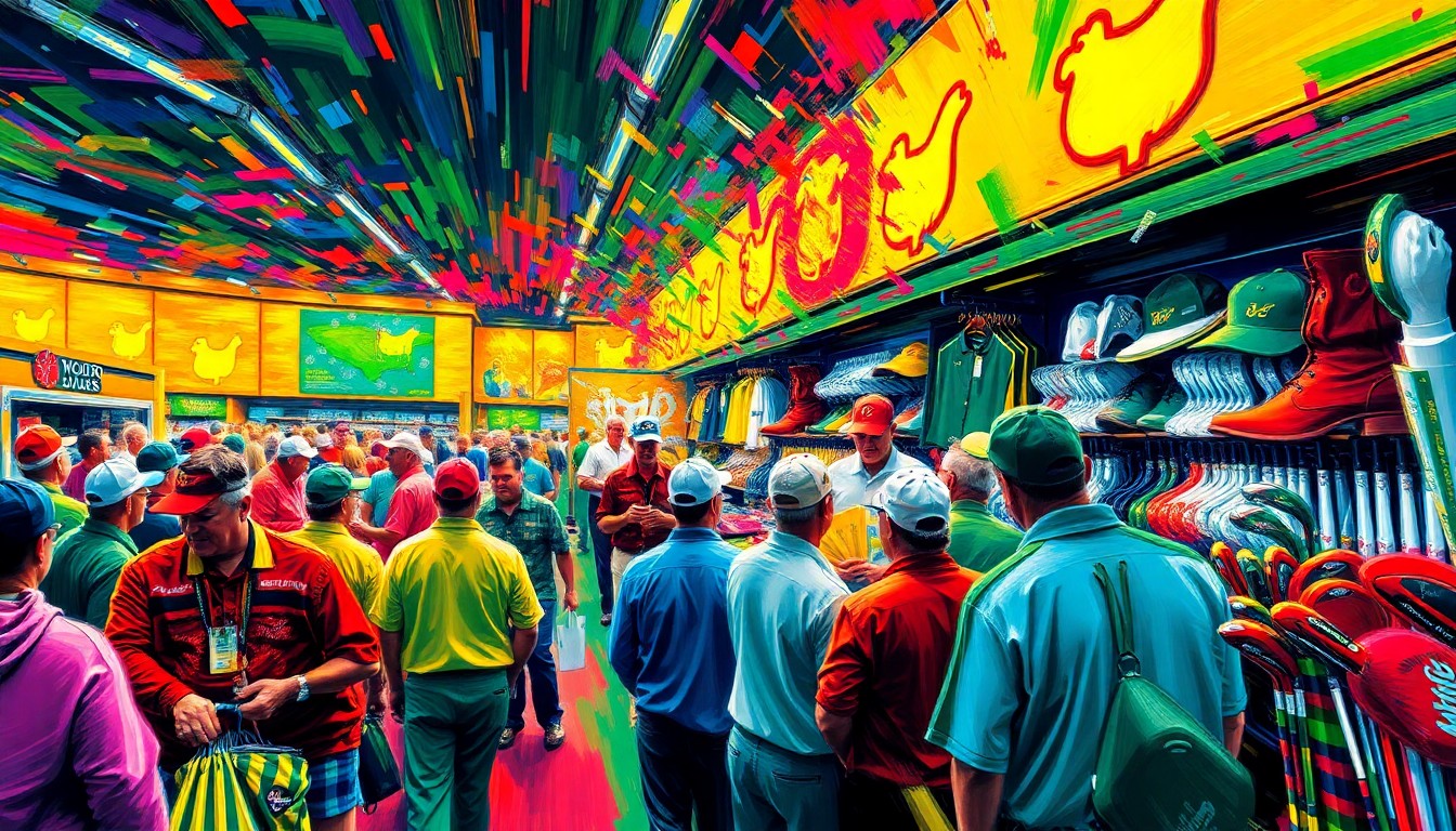 An abstract, expressionist painting in vibrant neon colors, depicting the frenetic energy and excitement of patrons browsing the crowded Masters Pro Shop, with golf merchandise and accessories swirling in a blur of rapid brushstrokes.