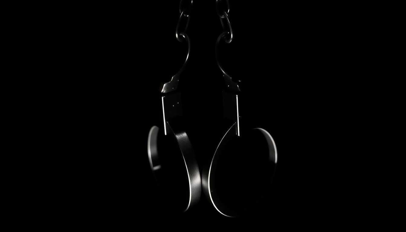 An extreme close-up photograph of handcuffs against a pitch-black background, lit by a harsh, direct camera flash, conceptually representing the alleged civil rights violations in a false arrest case.