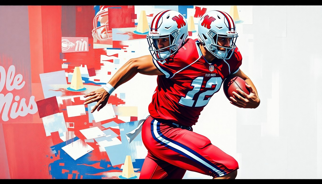 A cubist, geometric painting depicting a football player in motion, with sharp, overlapping planes of red, blue, and white colors representing the Ole Miss team uniform.