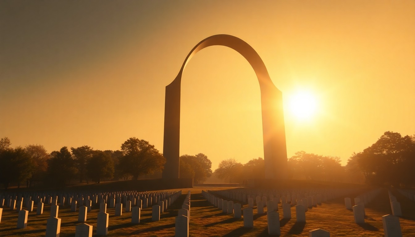 A serene, cinematic painting depicting the proposed 250-foot arch in warm, muted tones, with the historic buildings of Arlington National Cemetery visible in the background, conceptually illustrating the controversial plan's potential impact on the capital's landscape.