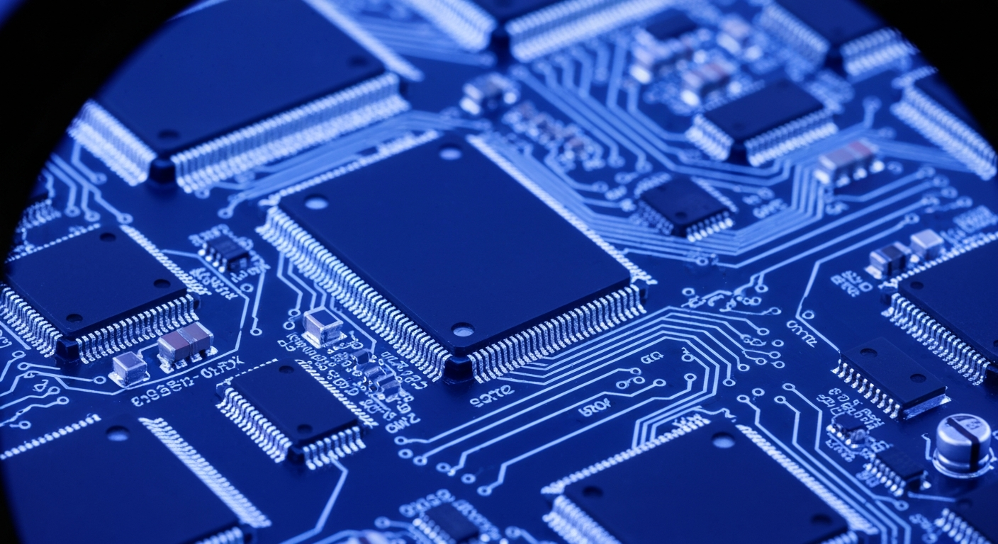 An abstract, ghostly X-ray image of a computer motherboard, revealing the intricate internal structures and circuits that power the new electronic health record system at the Detroit VA Medical Center.
