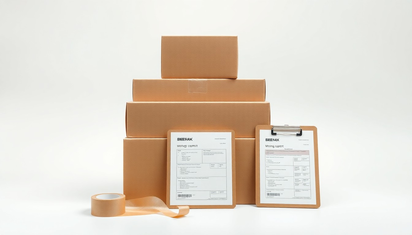 A photorealistic studio still life featuring a stack of moving boxes, packing tape, and a clipboard with moving paperwork, conceptually representing the modernization of the moving industry's operational infrastructure.