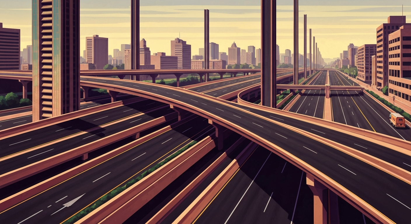 A highly stylized, geometric illustration depicting a sweeping, monumental road intersection with towering forced perspectives and smooth, airbrushed gradients, conceptually representing the grand scale and impact of a major infrastructure project.
