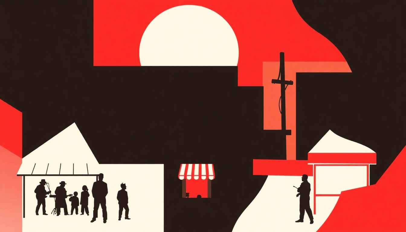 A bold, abstract illustration featuring jagged geometric shapes in red and white, conceptually representing the diverse range of live performances, interactive art, and local merchant offerings at the South Pasadena Arts & Music Crawl event.